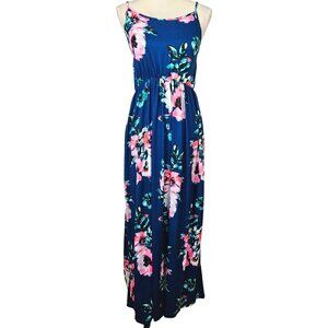 Womens Floral Boho Maxi Dress Adjustable Spaghetti Straps Navy Blue & Pink Small
